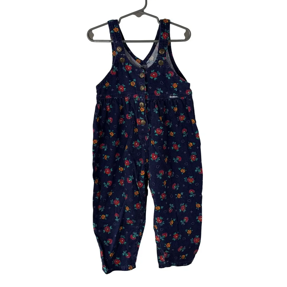 Vintage OshKosh Bgosh Girls Navy Floral Corduroy Overalls Vestbak Made in USA 3T
